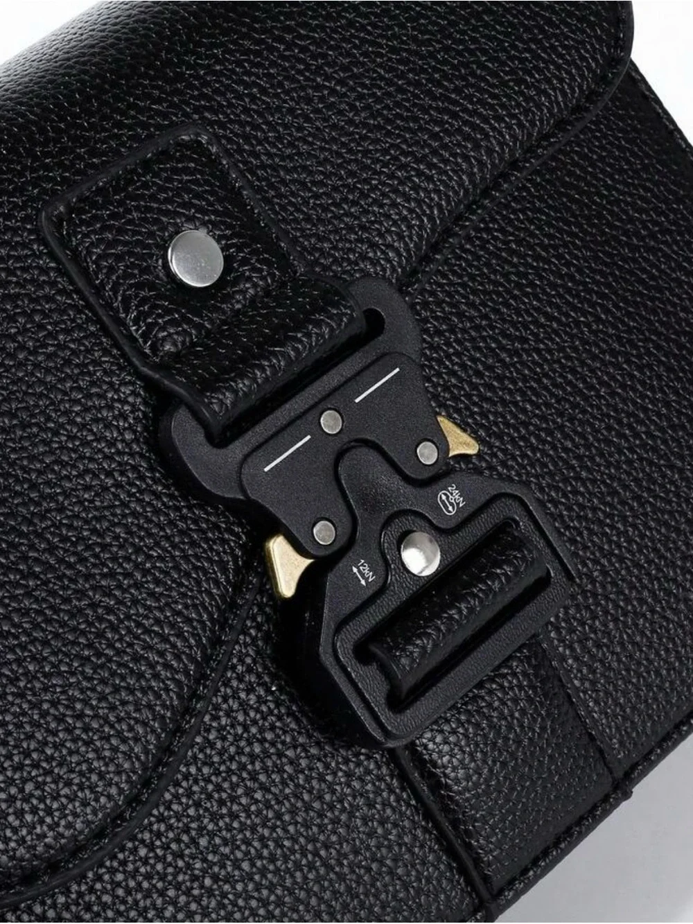 Black Mens Leather Messenger Bag with Metal Buckle